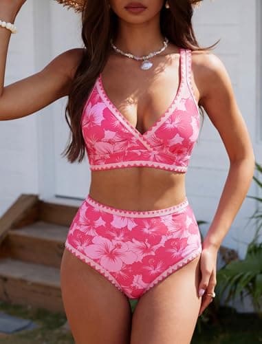 ZAFUL Womens High Waisted Bikini Sets Floral Print Whip Stitch 2 Piece Swimsuits V-Neck Crisscross Tie Back Bathing Suit Rose Red Small - Thumbnail 2