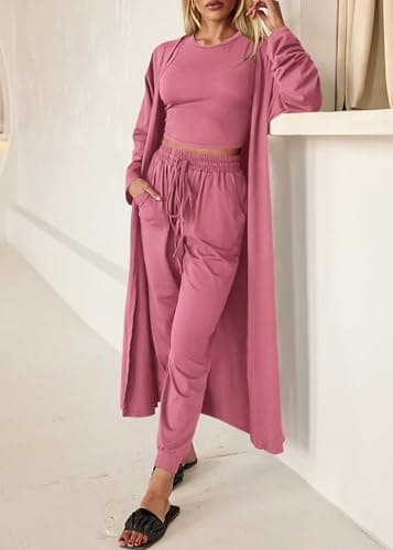 KIRUNDO 3 Piece Lounge Sets for Women Airport Travel Vacation Outfits 2026 Fall Cardigan Matching Sleeveless Top Jogger Pants(Dusty Pink, Small) - Thumbnail 4