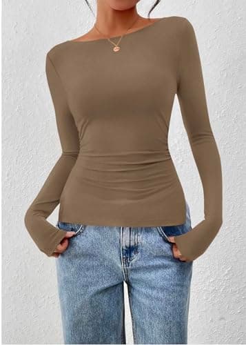 KIRUNDO Long Sleeve Going Out Tops for Women 2026 Spring Casual Boat Neck Workout Shirts Fall Fitted Side Slit Basic Tees(Khaki, Small) - Thumbnail 5