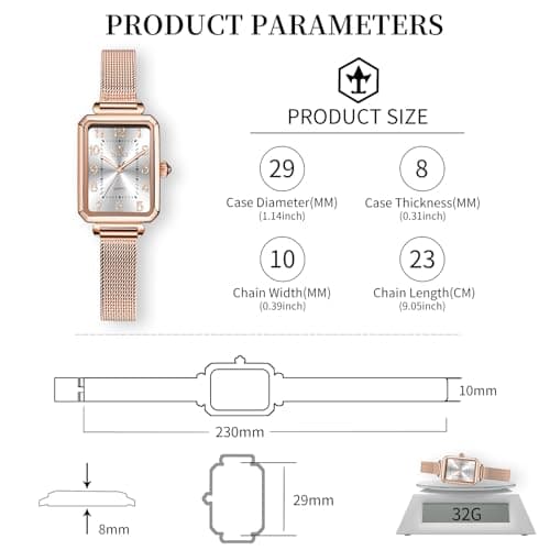 Taxau Womens Dress Watch with Mesh Band Small Womens Watches for Small Wrists Rose Gold Square Analog Quartz Dress Rectangle Lady Watch reloj para Mujer - Thumbnail 2
