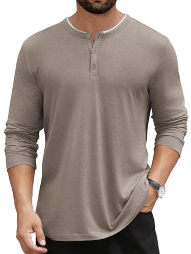 Hardaddy Men's Long Sleeve Henley Shirts Casual Color Block Henley Button T-Shirt Tops Light Khaki M - Image 1
