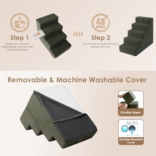 EHEYCIGA Dog Stairs for High Bed 22.5" H, 5-Step Dog Steps for Bed, Pet Steps for Small Dogs and Cats, Non-Slip Balanced Pet Ramp Indoor, Military Green - Thumbnail 6