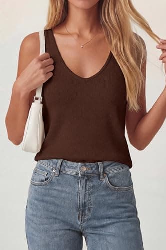 PRETTYGARDEN Women Summer Tank Tops 2026 Basic Sleeveless V Neck Lightweight Knit Beach Vacation Clothes Going Out Top(Brown,Small) - Thumbnail 4