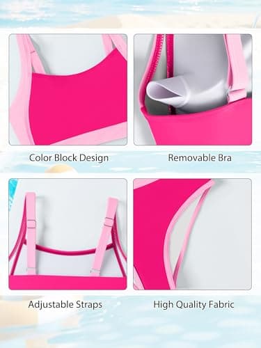 AMAWMW Girls Swimsuit Bikini Set 2 Piece Bathing Suit Color Block Swimwear for Teen Girls 7-16Y, Hot Pink, 9-10 Years - Thumbnail 5