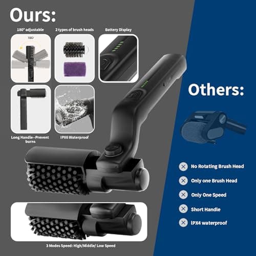 Electric Grill Brush Rechargeable, 3 Powerful Speed BBQ Grill Brush for Outdoor Grill, 180° Adjustable, Stainless Steel Rotary Brush Head, Automatic Grill Cleaning Brush for Camping Outdoor Grill - Thumbnail 6