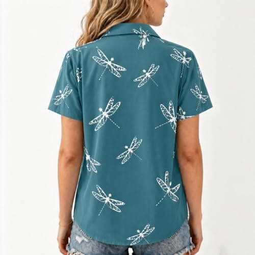 Chicwave Women's Short Sleeve Button Down Shirt, Collared V Neck Floral Blouse, Lightweight Teacher Office Top for Work, Travel, Vacation, Summer, Green - Thumbnail 3