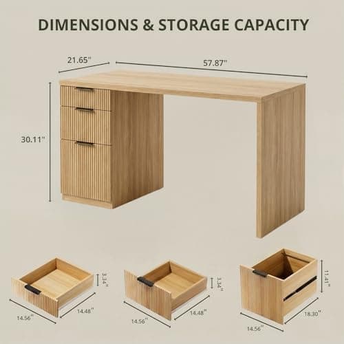 FURSUN 58" Home Office Desk with Power Outlet & File Cabinet, Modern Fluted Executive Desk with 3 Storage Drawers, Large Computer Workstation for Study & Bedroom, Oak - Thumbnail 2