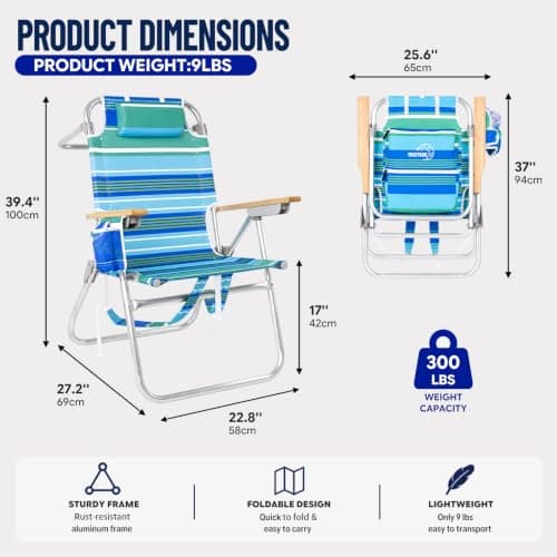 Backpack Beach Chairs for Adults Capacity 300 LBS high 5 Position Beach Chair with Pouch Straps Folding Lightweight Reclining Aluminum Wide Lay Flat Single - Thumbnail 2