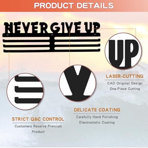 Bliocefo Medals Hanger Holder Display Steel Rack Hooks Wall Mount Frame Over 60 Medals-Sports Medal Hook Storage Organizer Never Give Up Ribbon with Easy Hanging Bars Black (NEVER GIVE UP.) - Thumbnail 2
