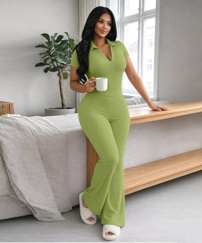 ABKY Two Piece Sets For Women Summer Ribbed Short Sleeve V Neck Polo Top Wide Leg Pants Set Casual Tracksuit Brunch Outfits Green S - Thumbnail 2