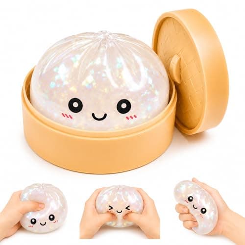 Glitter Filled Dumpling Squishies, Shimmering Dumpling Toy with Steamer Box, Soft Squeeze Stretch Desk Toy for Stress Relief, Washable Fidget Sensory Tool