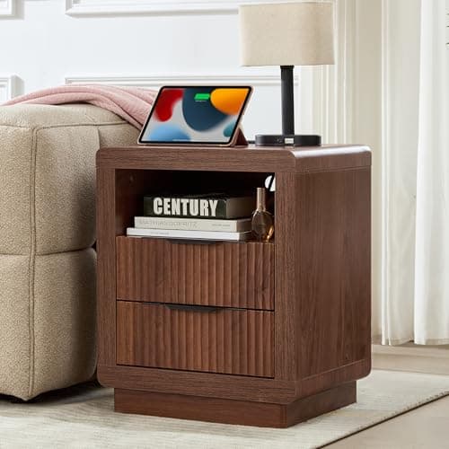 YANSNWO Walnut Nightstand with Charging Station, 23.6" H Modern Bedside Table with Thickened Curved Profile Design, End Table with 2 Drawers for Bedroom