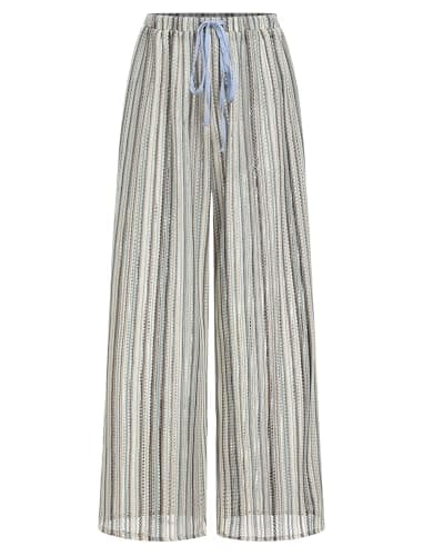 ZAFUL Womens Beach Cover Up Pants Sexy Crochet Drawstring Elastic Boho Swimsuit Cover Up Long Pants Beach Wear 3-Blue S - Thumbnail 2