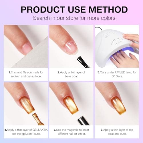 GELLAKTIK Cat Eye Gel Nail Polish Set, 6 Colors 12ML - 9D Glassy Holographic Glitter, Magnetic Nail Art Kit with Magnet, Soak off UV LED Gel for DIY Home Salon Manicure Gift for Women - Thumbnail 6