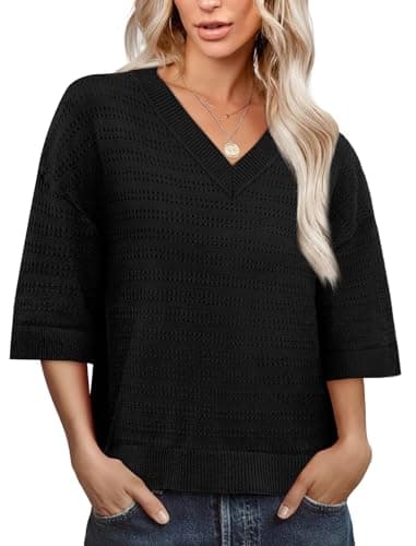 WIHOLL Women Blouses Dressy Casual Summer V Neck Sweaters Lightweight 3/4 Length Sleeve Womens Tops Trendy 2026 Fashion Black M - Thumbnail 4