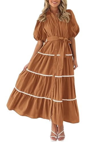 PRETTYGARDEN Women's Summer Button Down Shirt Dress Short Puffy Sleeve Tiered Ruffle Flowy Long Maxi Dresses (Brown,X-Large) - Image 1