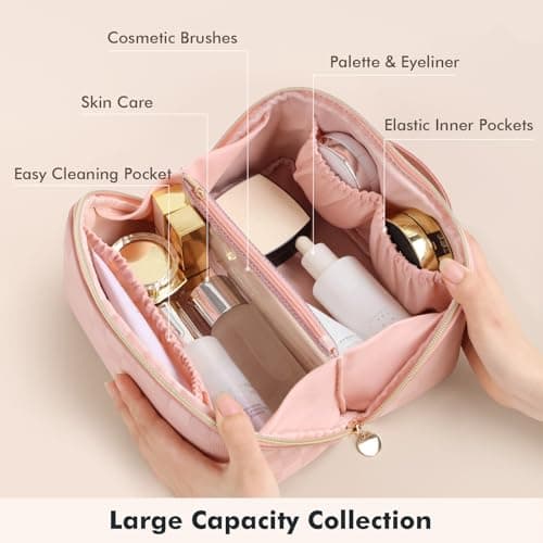 Prite Makeup Bag for Women Travel Waterproof Vegan Leather Cosmetic Bag Open Flat Toiletry Bag With Clear Divider and Handle (Plaid Pink, Medium) - Thumbnail 3