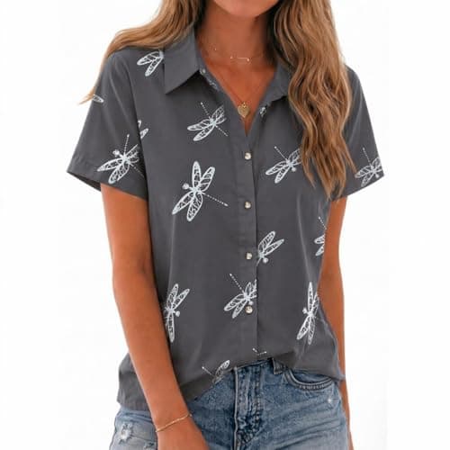 Chicwave Women's Short Sleeve Button Down Shirt, Collared V Neck Floral Print Blouse, Lightweight Casual Work Top for Office, Travel, Vacation, Summer, Gray - Image 1