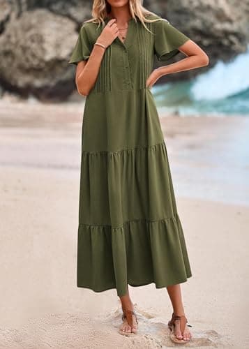 KIRUNDO Summer Maxi Dresses for Women 2026 Spring Fashion Short Sleeve Button V Neck Pleated Loose Tiered Swing Flowy Dress(Army Green, X-Large) - Thumbnail 4