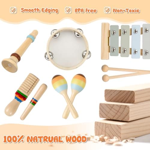 Baby Musical Instruments-Montessori Wooden Toys for Toddlers 1-3 Neutral Colors Percussion Instruments Set with Modern Boho Xylophone for Kids Preschool Educational,Includes Storage Bag - Thumbnail 5