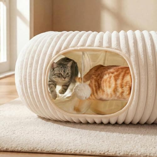 MOYMO Cat Tunnel Bed with 40 Pcs Interactive Cat Toys, Cat Tube with Kitten Toys for Indoor Kittens, Collapsible Play Tunnel, White - Thumbnail 2