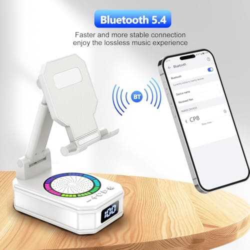 buwy Gifts for Men Women, Cell Phone Stand with Wireless Bluetooth Speaker and Colorful LED Lights, Anti-Slip Base HD Surround Sound, Rechargeable (3000mAh), Home and Outdoors Bluetooth Speaker White - Thumbnail 5