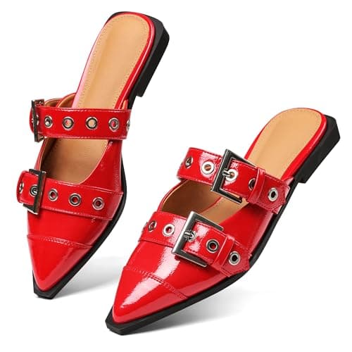 Grakihily Buckle Flats for Women Pointy Toe Wide Welt Buckled Mules Low Block Heel Slippers Mary Jane Shoes Comfortable Ballerina Flats - Image 1
