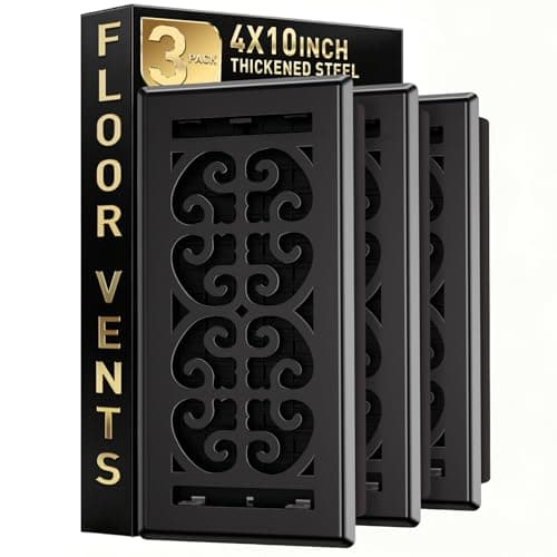 Floor Register 4x10, 3 Pack Black Floor Vent Covers, Heavy Duty Walkable Metal Decorative Scroll Grilles, Quiet Heat-Resistant ABS Damper, Flush Lever, Fits Standard HVAC Duct Opening - Image 1