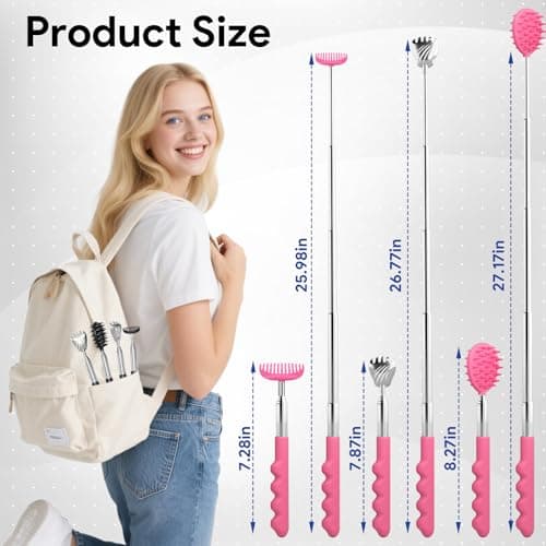 Gumry Versatile Back Scratcher - Portable Telescoping Extendable Back Massager Tool with Different Heads & Rubber Handles, Stocking Stuffers & Birthday Gifts for Women, Mom, Her, Men - Pink - Thumbnail 6