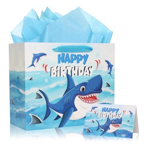 Birthday Gift Bags for Boys Girls - Blue Shark Birthday Gift Bag Ocean Gifts Bag Set for Boy Girl Big Brother Sister Durable Cartoon Shark Greeting Card Envelope 3 Tissues Paper Gift Wrapping 12 Inch - Image 1