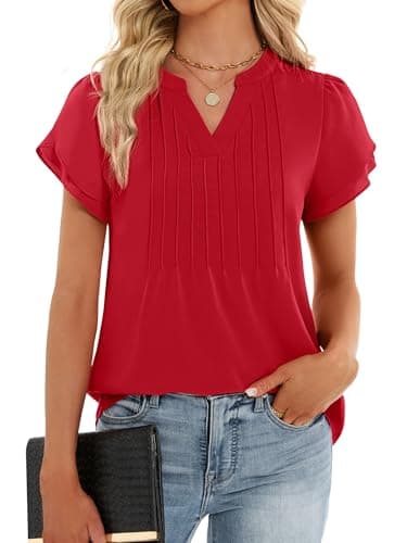 Funlingo Womens Tops Dressy Casual 2026 Short Petal Sleeve Tunic Blouses Spring V Neck Loose Flowy Dress Shirt Elegant Clothes Red XL - Thumbnail 2
