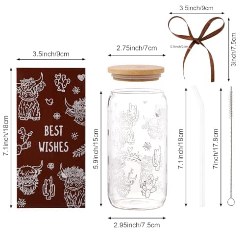 Celebloom Highland Cow Gifts for Women, Cute Glass Cups for Cow Lovers, Highland Cow Print Iced Coffee Tumbler for Christmas Birthday Mothers Day Gifts for Friend 16oz - Thumbnail 5