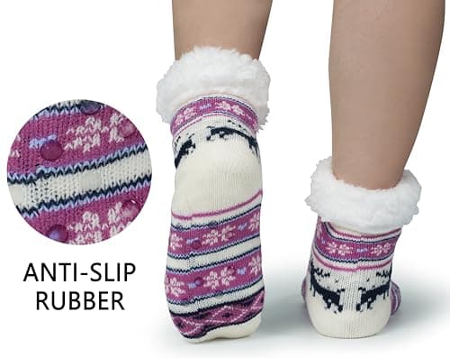 BenSorts Kids Winter Slipper Socks Warm Soft Christmas Fleece Fuzzy Gift For Girls Boys Cute Purple Reindeer 8 9 10 11 12 Years - Thumbnail 3
