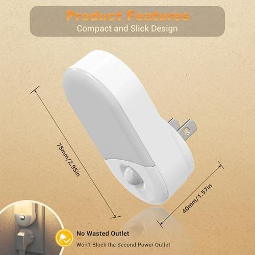 JandCase Motion Sensor Night Light, 2 Pack Motion Activated Night-Lights, 3000K Warm White LED Night Lights Plug into Wall, 30/60LM Adjustable Brightness, for Kids Adults Bathroom Bedroom - Thumbnail 6