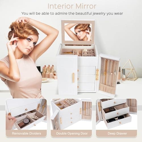 Dajasan Large Jewelry Box for Women, Jewelry Holder Organizer Box with 3 Drawers, 4-Tier Jewelry Storage Organizer with Mirror for Necklace Ring Bracelet Watch, Gift Idea (White) - Thumbnail 5