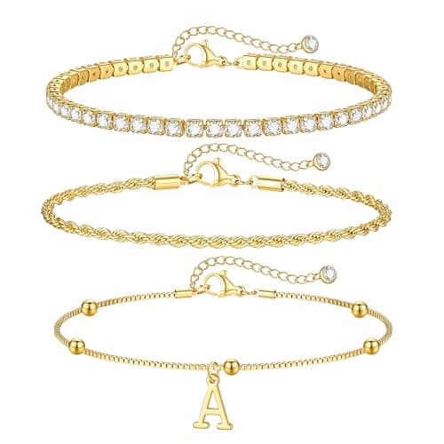 JIAOGE Gold Bracelets for Women - A Initial Bracelet Dainty Gold Bracelet Stack Teen Girl Gifts Trendy Stuff Gifts for Girls Tennis Bracelets for Girls Gift for Teen Girl Gold Jewelry Set for Women - Image 1
