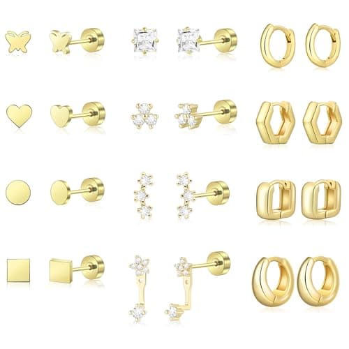 HILXURY 12 Pairs 14K Gold Plated Flat Back Hypoallergenic Earrings for Women Men Surgical Stainless Steel Earrings for Sensitive Ears Small Gold Stud Hoop Cartilage Earring Stack Set for Multiple Piercing Jewelry (Gold 01) - Image 1