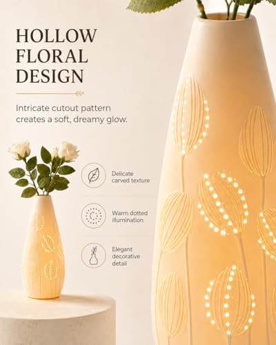 TACAHE Ceramic Vase Table Lamp, 2700K Bulb & 3 Artificial Flowers Included, E12 Socket, Inline Switch, Handmade Openwork Craft, Ambient Light for Living Room Bedroom - Tulip 11" - Thumbnail 2