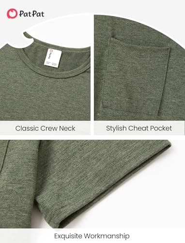PATPAT Boys Short Sleeve Shirts Size 15-16 Years Army Green Summer Crewneck T Shirt with Chest Pocket Casual Basic Tops Tees for Teen Boy - Thumbnail 6