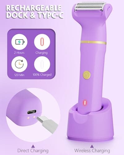 Bikini Trimmer for Women, Tiovara Painless Electric Razors Shaver IPX7 Waterproof Cordless Body Hair Trimmer Pubic Hair Removal with USB Charge Dock for Underarm Leg Arm Body Face Silk Skin (Purple) - Thumbnail 3