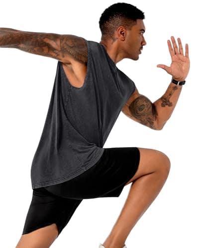 Tank Tops Men Summer Sleeveless Shirts Loose Fit Workout Tops Acid Wash Cotton Tshirts, Plain Black, S - Thumbnail 4