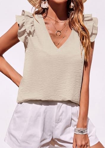 PRETTYGARDEN Blouses for Women Dressy Casual Summer Going Out Tops 2026 Spring Business Work V Neck Ruffle Cap Sleeve Shirts (Beige,Medium) - Thumbnail 3
