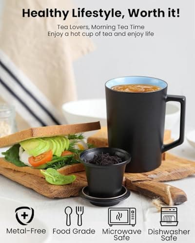Foinly 15 oz Ceramic Tea Infuser Cup with Lid - Tea Mug with All Porcelain Strainer for Loose Leaf Teas,Microwave and Dishwasher Safe,Metal-Free,BPA-Free for Tea Lovers/Father's Day (Black) - Thumbnail 4