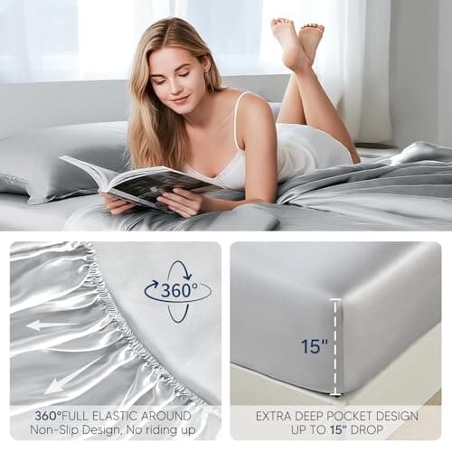Tokokimo Satin Sheets CKing Size 4 PC - 16" Deep Pocket Silky Soft Bed Sheets, Wrinkle-Free Satin Silk Sheet, Hair & Skin Saver Bed Sheets Set with 1 Fitted Sheet, 1 Flat Sheet, 2 Pillow Cases - Thumbnail 3