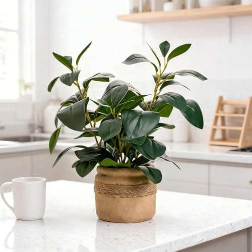 Arbolanta Artificial Fake Plant Potted 12.8'' Small Faux Greenery Ficus Style in Jute-Wrapped Yellow Planter for Tabletop Home Office Decor - Thumbnail 6