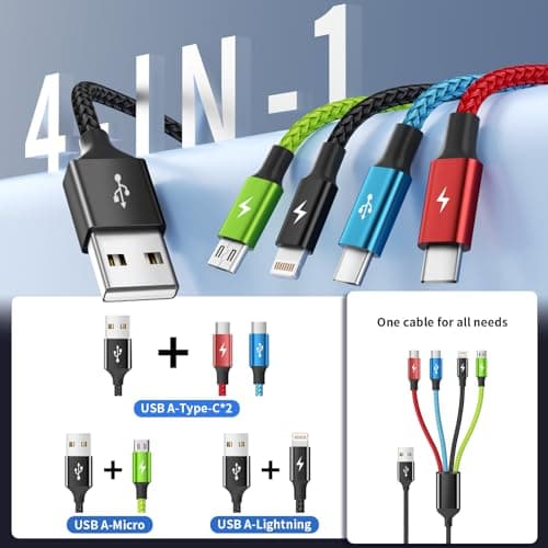 Firsting 4 in 1 Multi Charging Cable [2Pack 5FT], Tangle Free USB C Car Charger Cable Nylon Braided with 2 USB-C/IP/Micro, Travel Charging Cords for iPhone Android iPad and More - Thumbnail 3