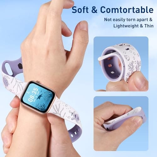 HMFCBFSS Engraved Cute Sea Turtle Band Compatible with Apple Watch Bands for Women Men 38mm 40mm 41mm 42mm, Stylish Two-Tone Floral Soft Silicone Sport Strap Fit iWatch Series 11 10 Se 9 8 7 6 5 4 3 2 1 (White/Sandy pink, 38mm/40mm/41mm/(42mm-Series 11 10) - Thumbnail 3