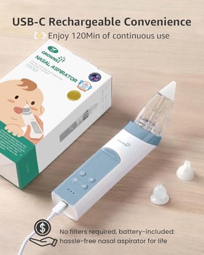 GROWNSY Nasal Aspirator for Baby, Electric Nose Aspirator for Toddler, Baby Nose Sucker, Automatic Nose Cleaner with 3 Silicone Tips, Adjustable Suction Level, Music and Light Soothing Function, Blue - Thumbnail 6