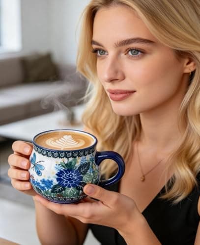 12 oz Ceramic Cup Hand-Painted Handmade Unique Porcelain Floral Mug for Tea Coffee Milk Microwave Dishwasher Safe, Polish Pottery Flower Mug 1 pc, Premium Elegant Gift - Thumbnail 3