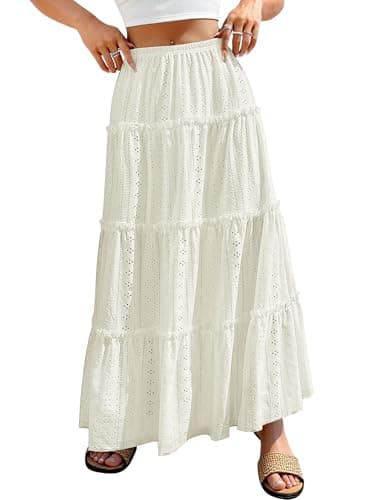 ANRABESS Womens Maxi Skirt 2026 Summer Beach Vacation Eyelet Boho Long Flowy Skirts Spring Trendy Swing Tiered A-Line Dress Beige X-Large - Image 1